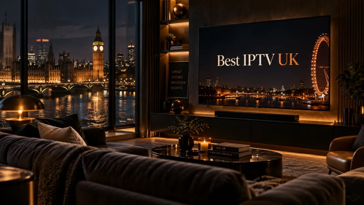 Premium London living room at night with a smart TV introducing a guide to choosing IPTV in the UK