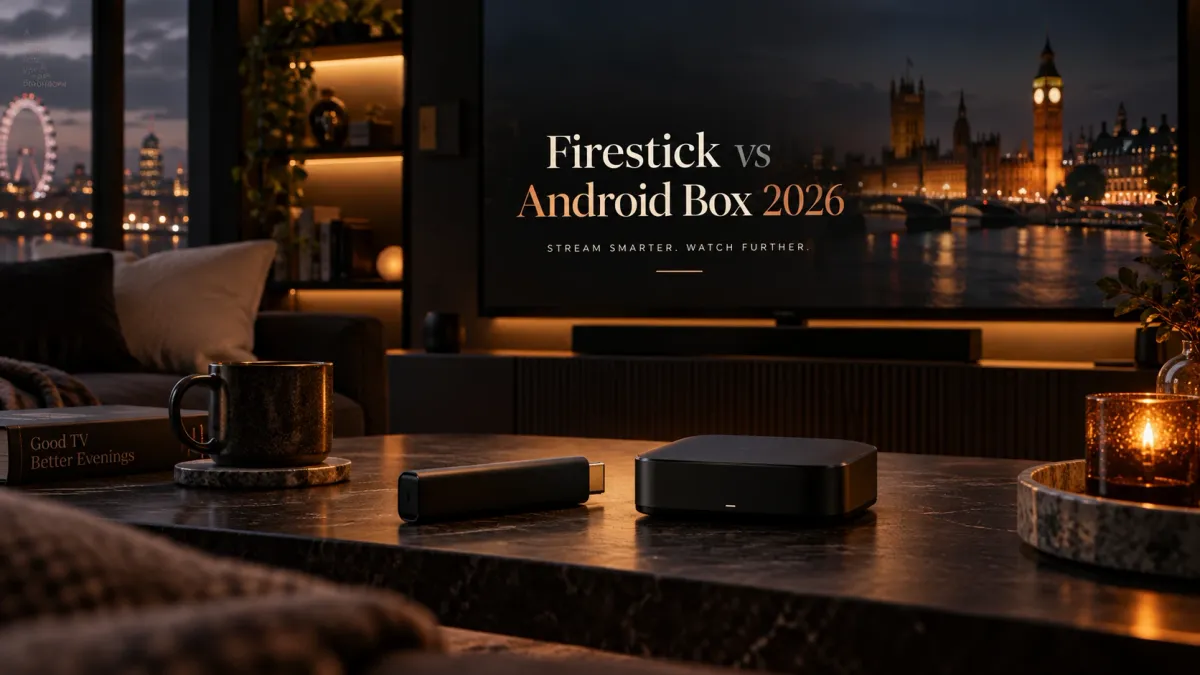 Firestick and Android TV box on a coffee table in a dark London living room for an IPTV comparison