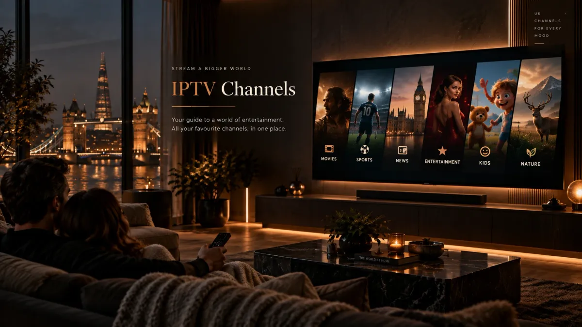 UK IPTV channel categories and EPG guide organised by entertainment, news, movies, kids, international and sports