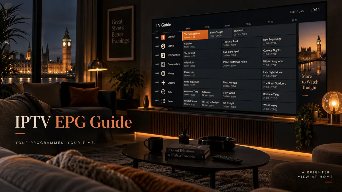Smart TV displaying an electronic programme guide in a dark London living room for a UK IPTV EPG guide
