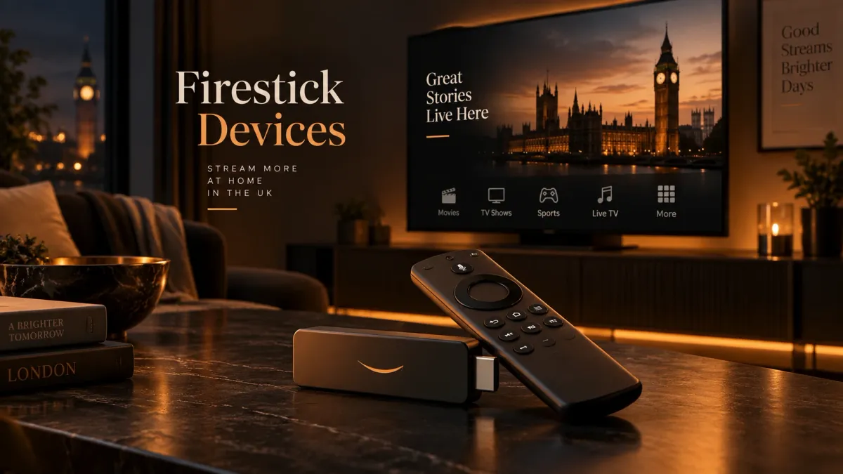Fire TV Stick and remote on a coffee table in a dark London living room for a UK IPTV device guide
