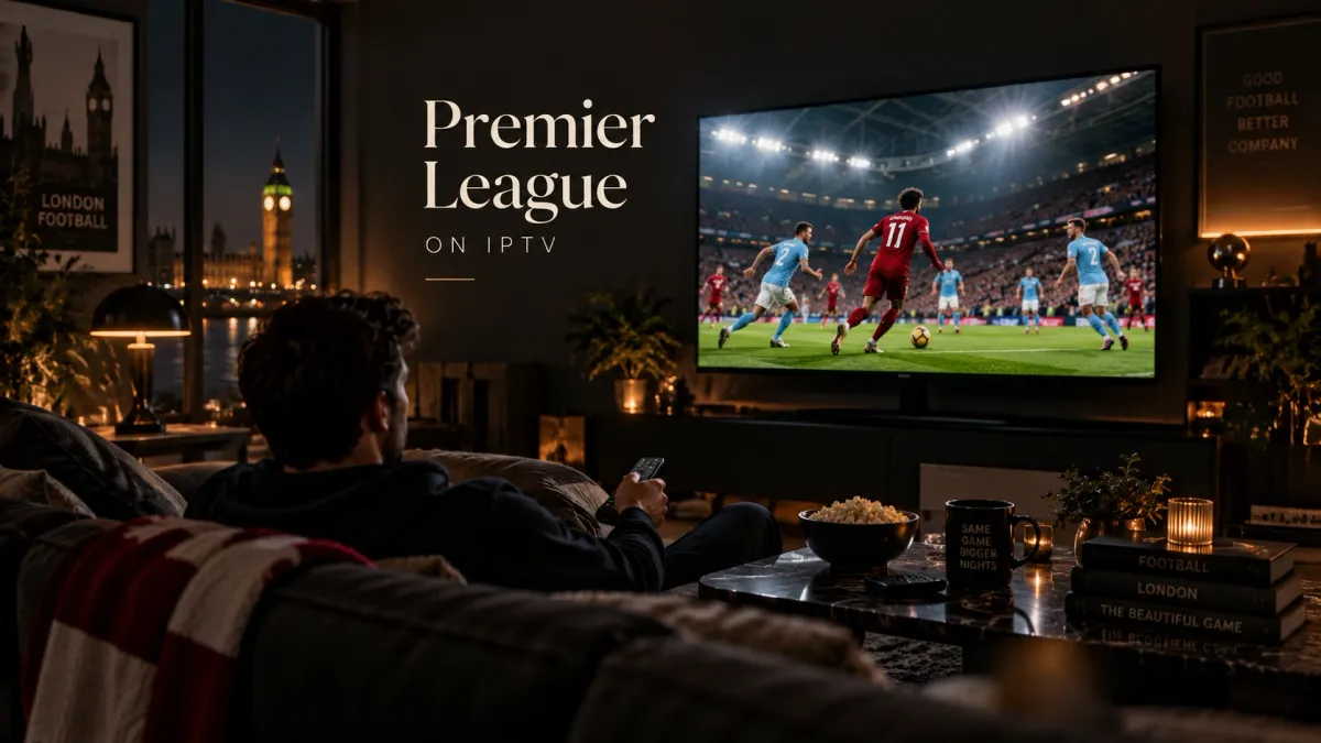 Viewer watching a football match on a large TV in a dark London living room for a UK Premier League IPTV guide