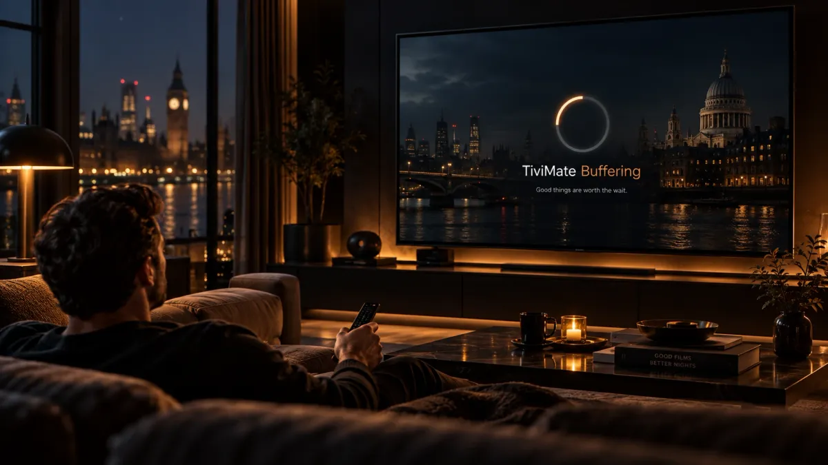 TV showing a TiviMate buffering indicator in a dark London living room during playback troubleshooting