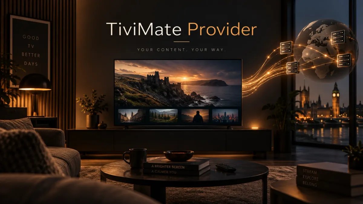 TV streaming in a dark London living room with connected server graphics for a TiviMate provider setup guide