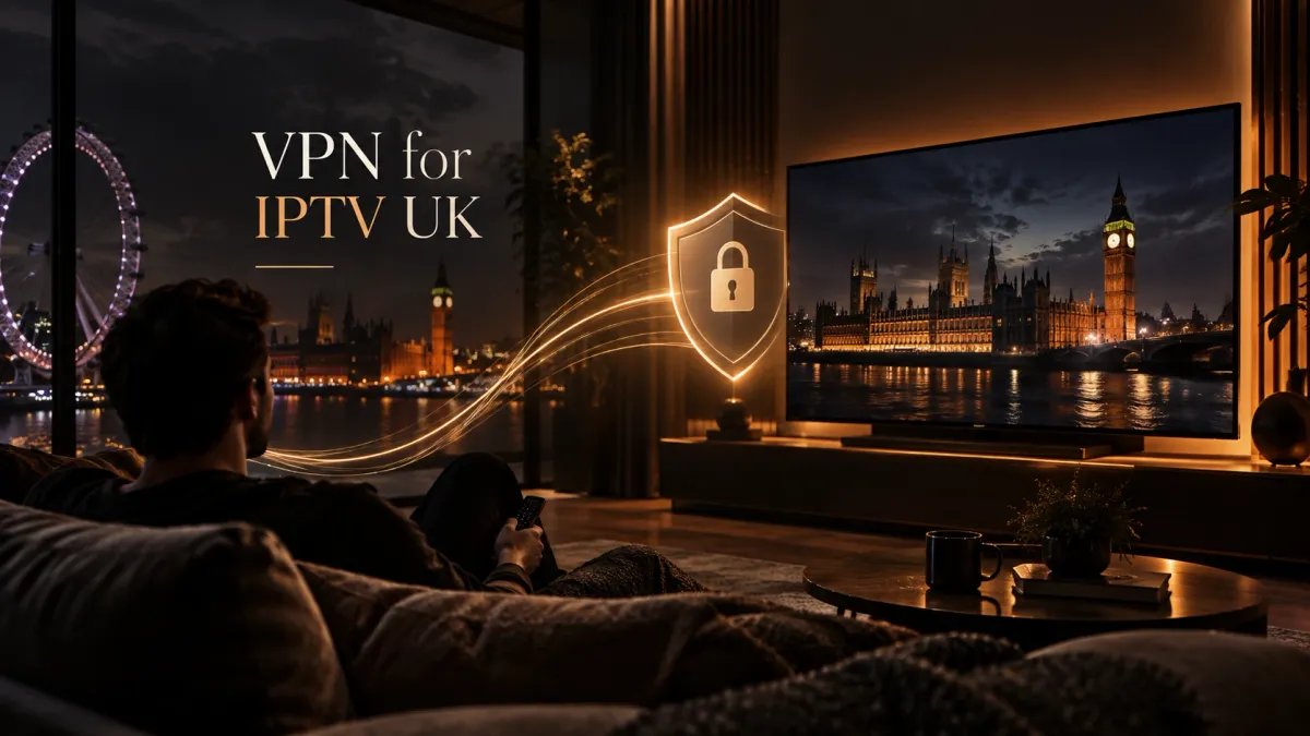 Viewer watching TV in a dark London living room with a glowing privacy shield for a UK IPTV VPN guide